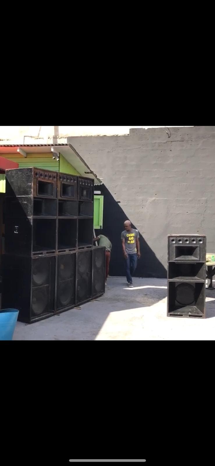 Exodus Nuclear speaker boxes set up outdoors